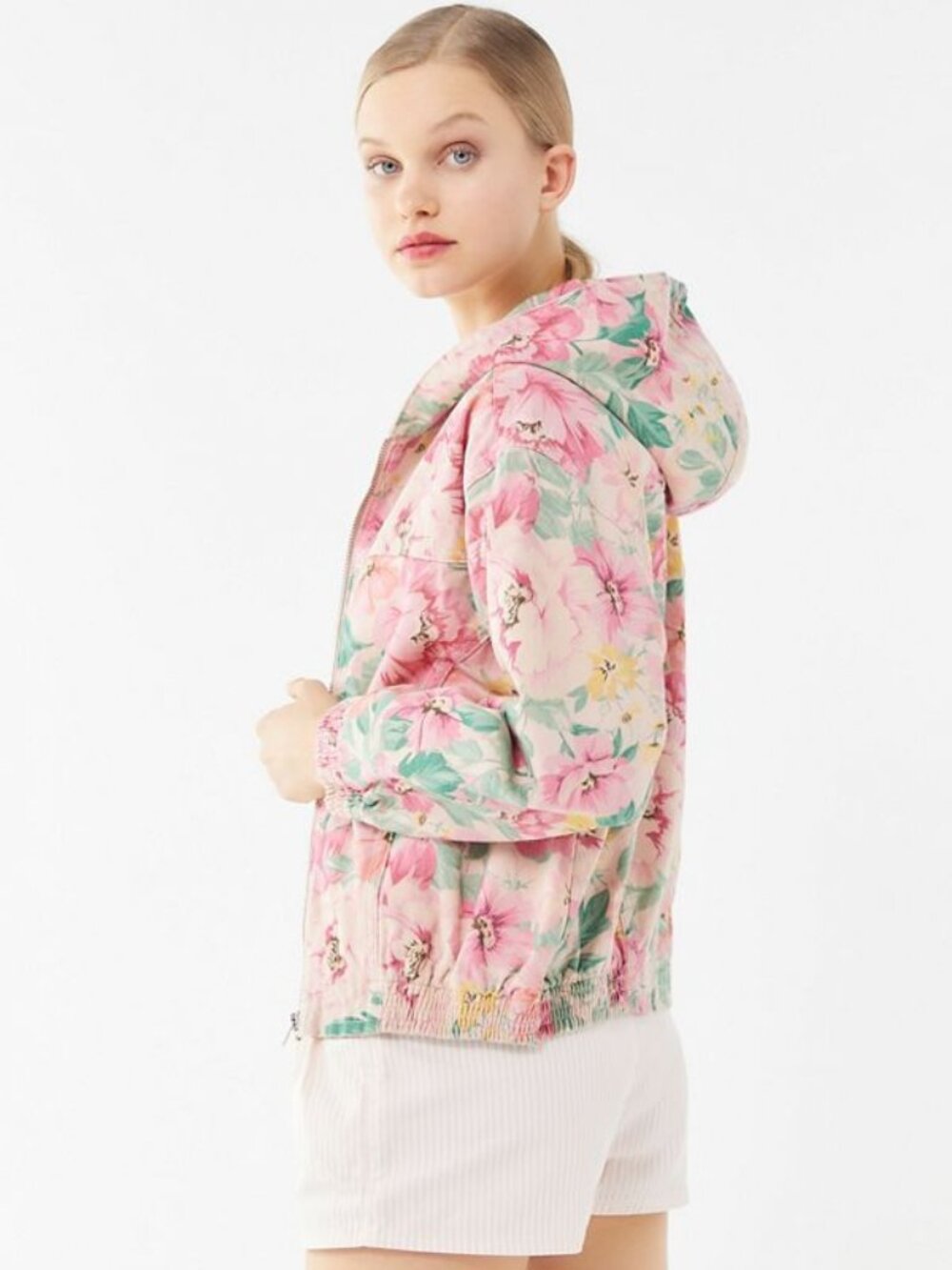 BDG Urban Outfitters Floral Denim Hooded Bomber Jacket Pink Small NWOT